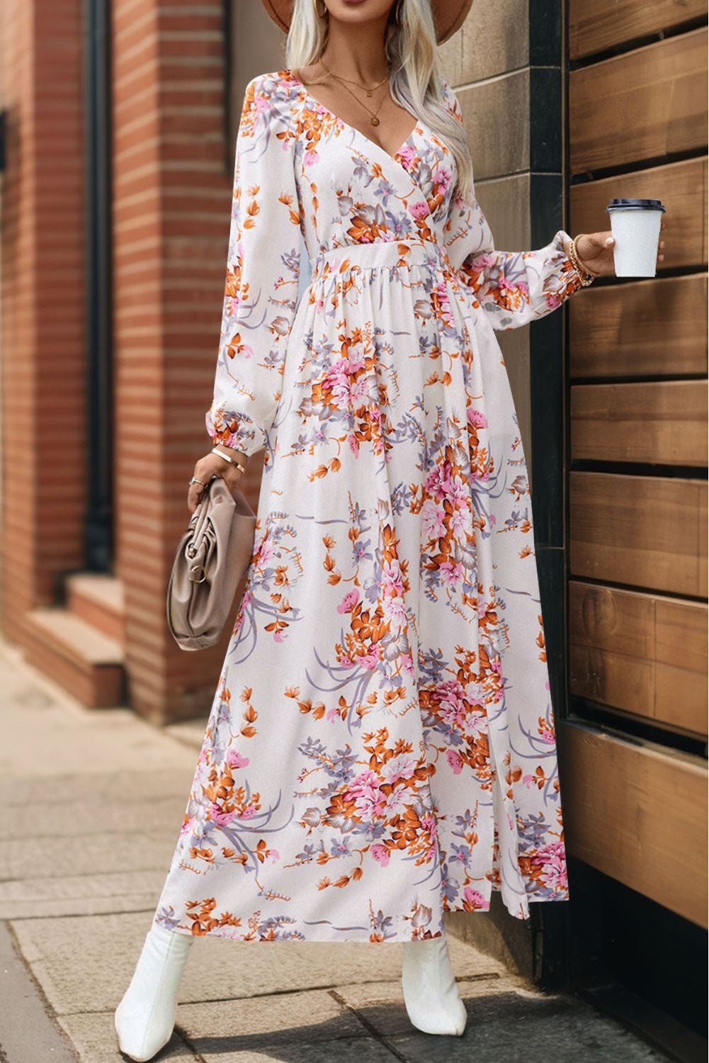 Our Best 100% Polyester Exotic Floral Print Perfee Slit Surplice Long Sleeve Maxi Dress (Variants)