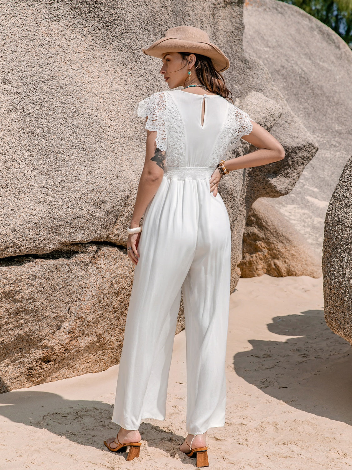 The Lilianna Lace 100% Viscose Scalloped Lace Deep-V Button Keyhole Cap Sleeve Jumpsuit (White)