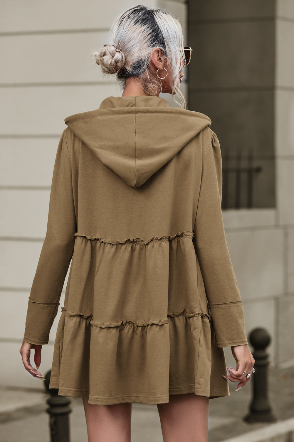 Our Best Polyester Blend Zip Up Frill Long Sleeve Drawstring Hooded Jacket (Camel)