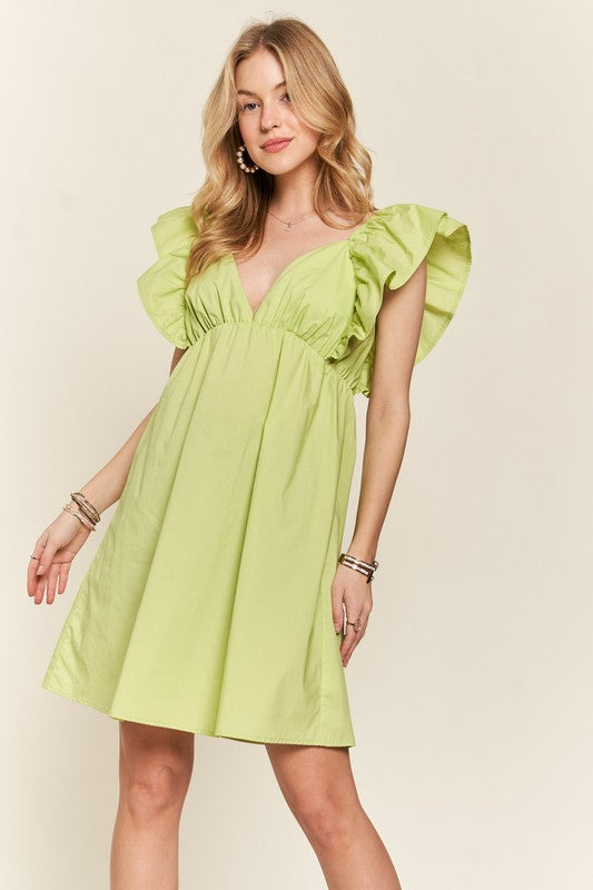 ADORA - 100% Cotton Smocked Back Ruffled Cap Sleeve Babydoll Mini Dress (Lime)