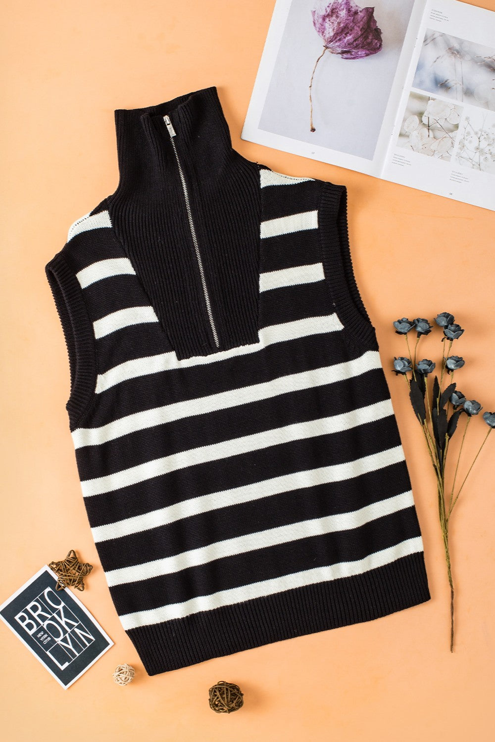 Bold-n-Beautiful Acrylic Blend Knit Striped Half Zip Sleeveless Sweater Vest (Black)