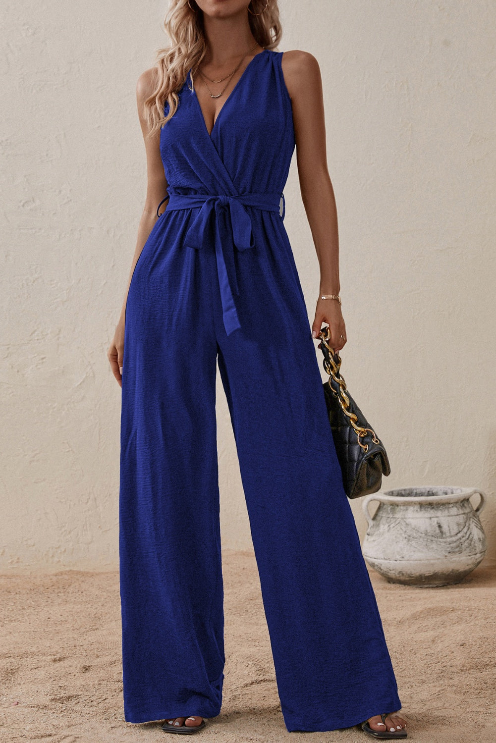 Our Best 100% Polyester Deep-V Sash Tie Belt Loop Detail Surplice Sleeveless Wide Flare Jumpsuit (Multicolor)