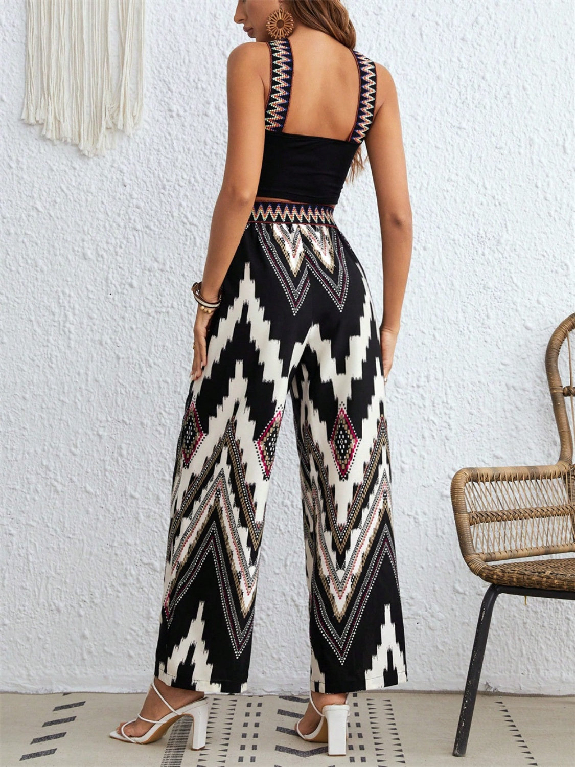 Our Best Polyester/Spandex Blend Southwestern Vibes Wide Strap Sleeveless Top and Pants Set (Black)