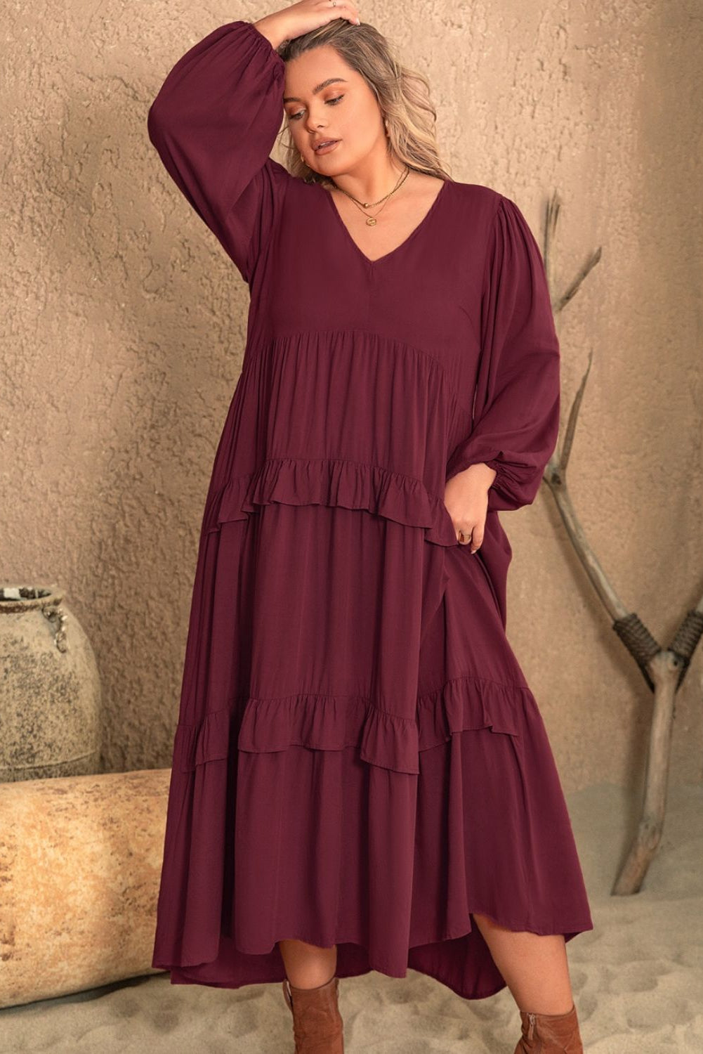 Plus Size Lovely Ladies 100% Viscose Fashion Plus Ruffled V-Neck Long Sleeve Maxi Dress (Multicolor)