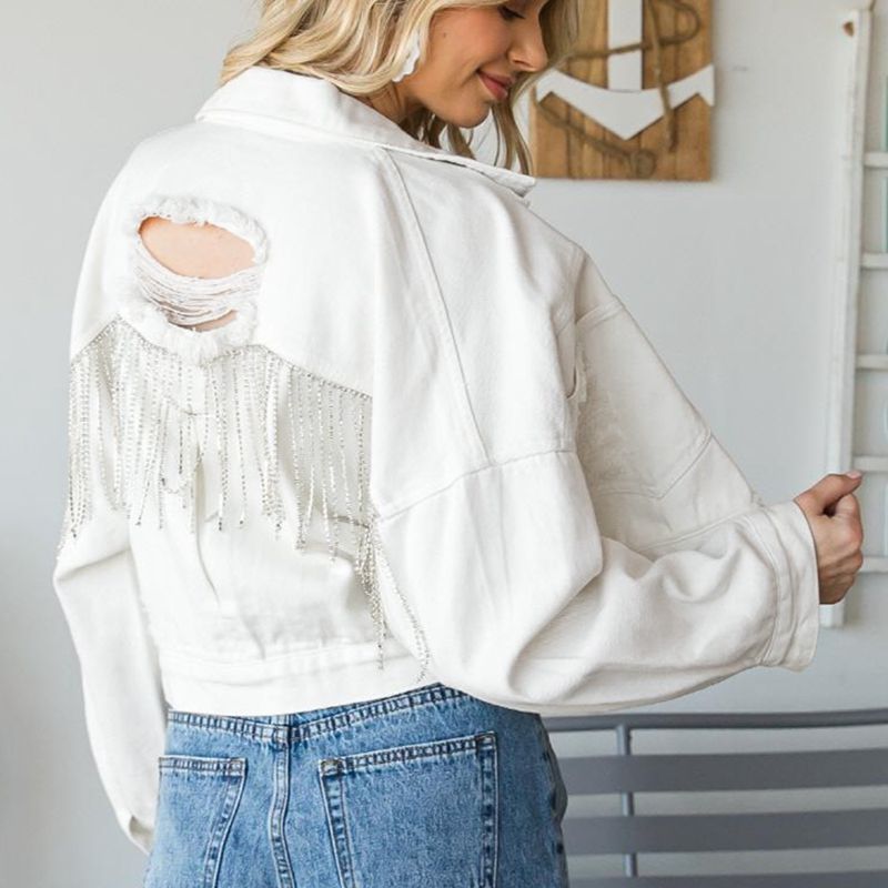 Damsel In Distressed Cotton Blend Fashion Plus Distressed Collared Neck Dropped Shoulder Crop Denim Jacket (Multicolor)