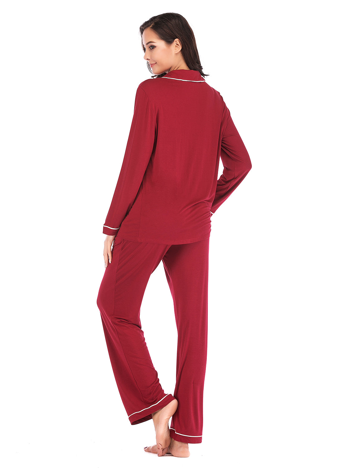 Simona Slumbertime Nylon Blend Long Sleeve Pocket and Piping Detail Loungewear Set (Multicolor)