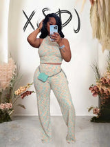 2 Piece Sets Womens Outfits Elegant Stretchy Knitted Summer Suit Sexy Sleeveless Top and Pant Suit Wholesale Dropshipping