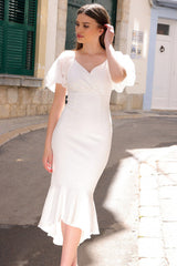 Diana V-Neckline Puff Sleeve Ruffle Hem Midi Dress (White) - treasures-4-u-2-day