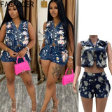 FAGADOER Fashion Printed Denim 2 Pieces Set for Woman Sleeveless Zip Cargo Pocket Jacket Patchwork Crop and Shorts Jeans Outfits