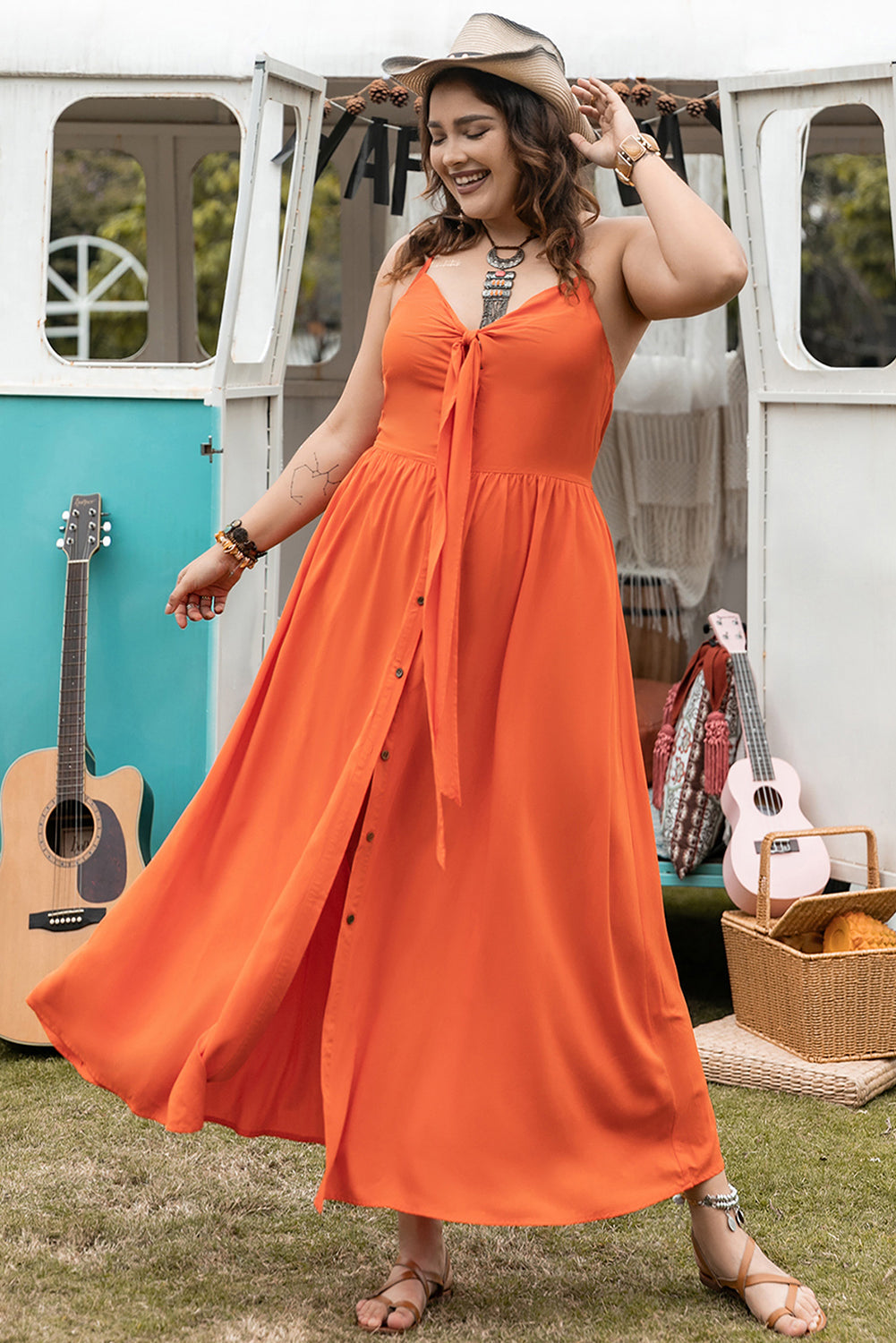 Plus Size Lovely Ladies 100% Viscose Fashion Plus Halter Neck Midi Dress (Orange)