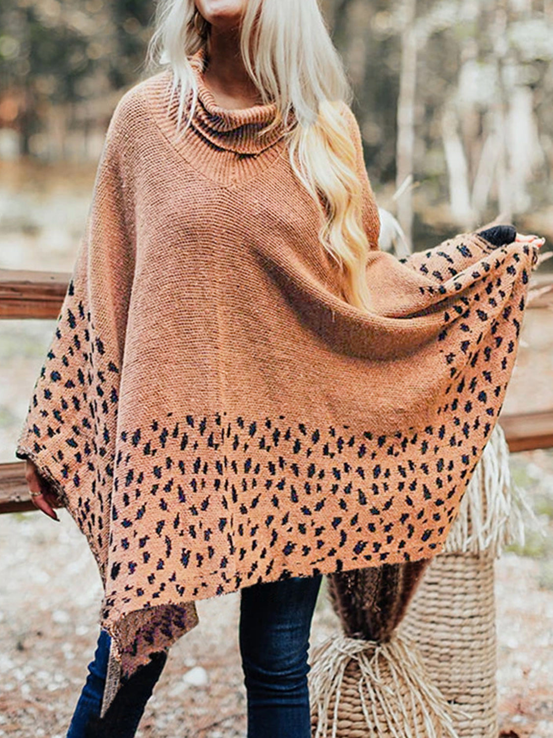 Monah Paloma 100% Acrylic Pretty-n-Plush Leopard Print Detail Turtleneck Poncho (Multicolor)