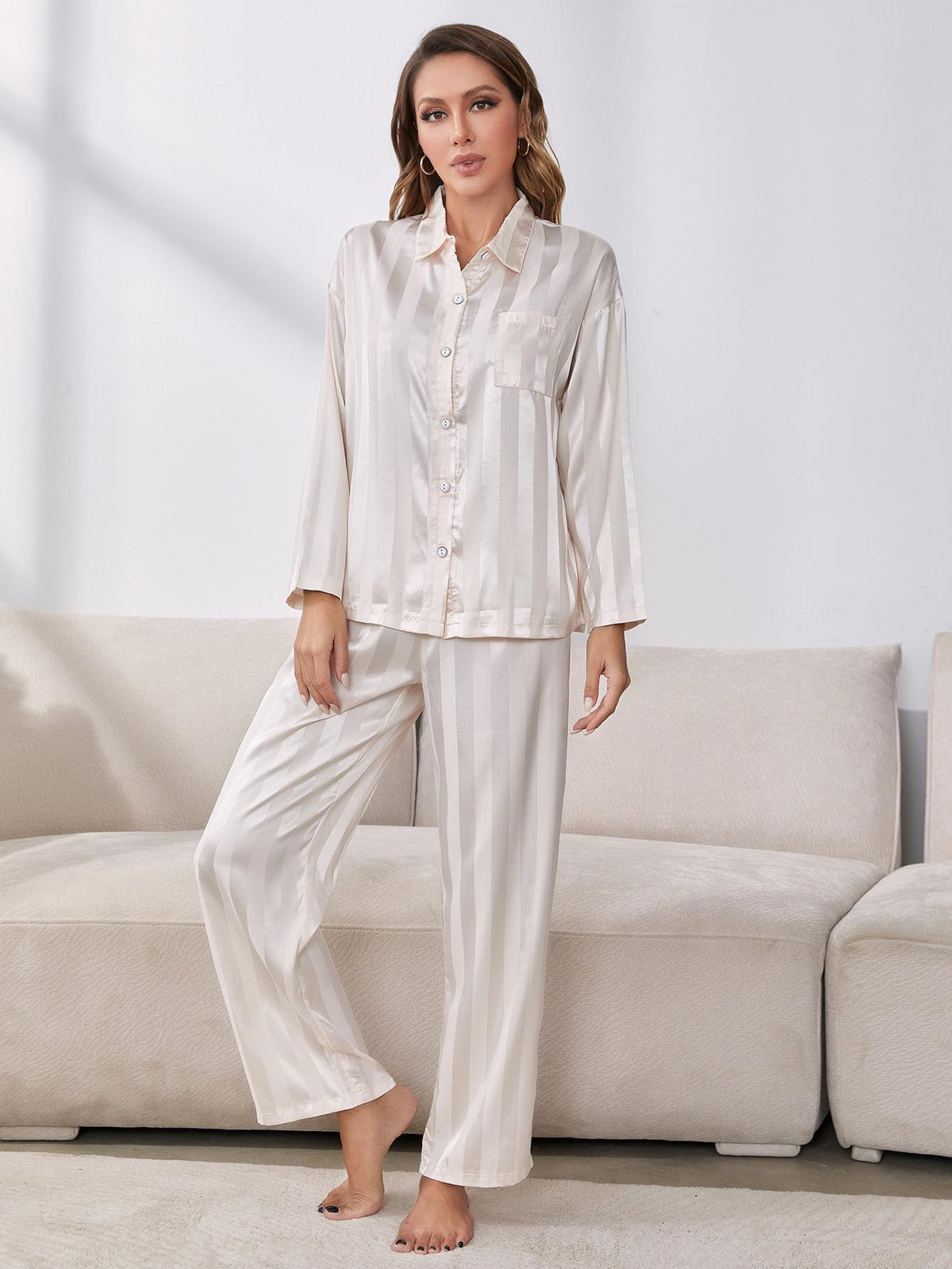 Simona Slumbertime Polyester Blend Satin Striped Button-Up Shirt and Pants Two Piece Pajama Set (White)