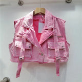 Retro Pink Large Pocket Denim Suit Spring Summer Sleeveless Short Vest High Waist Hip Wrapped Skirt 2 Pieces Sets Women Outfits - treasures-4-u-2-day