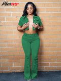Mlaiscsr Green Denim Baddies Outfits for Women Two 2 Pieces Set Flare Jeans and Crop Top Stretch Suits Birthday Party Clubwear