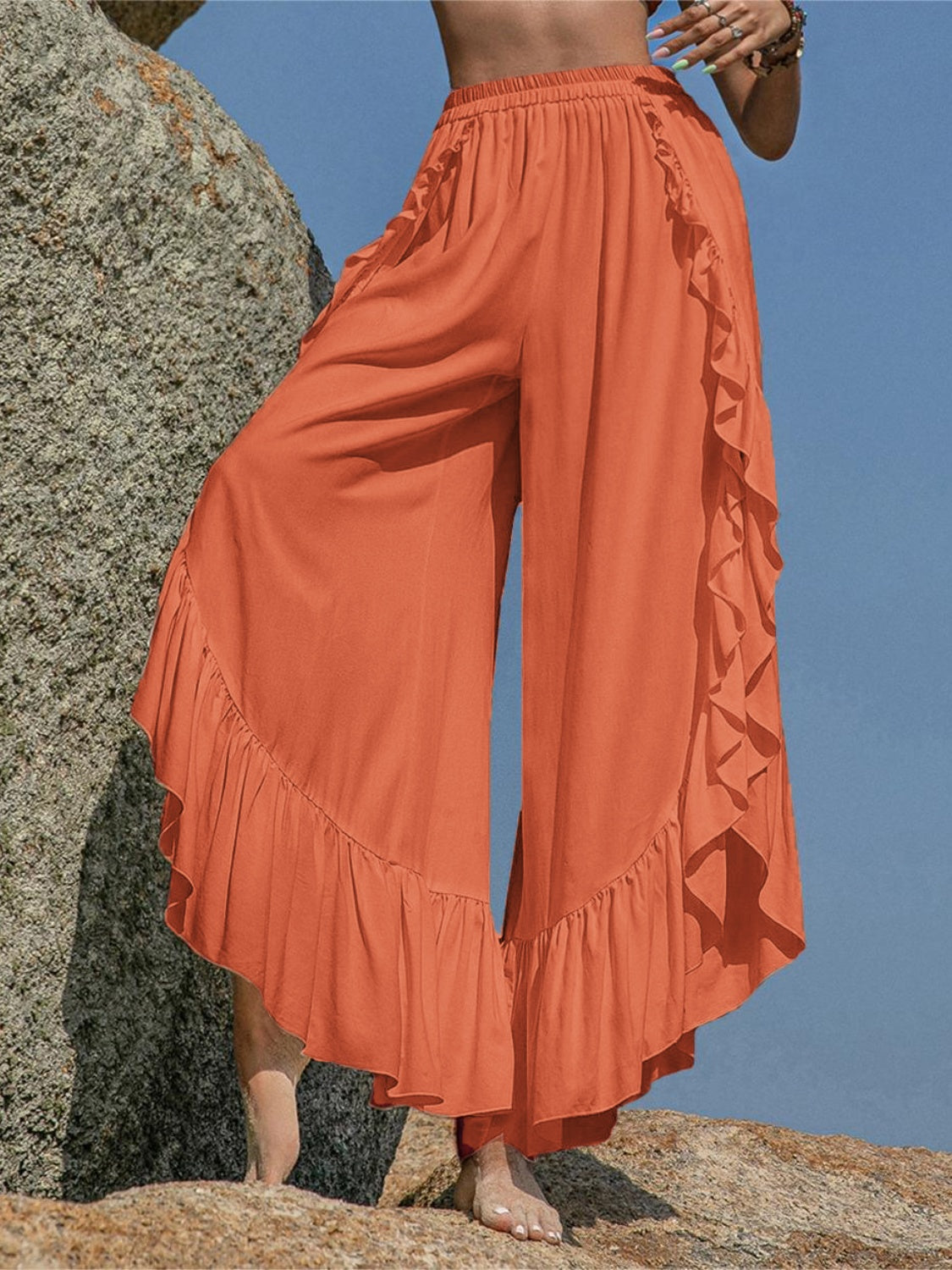 Our Best 100% Polyester Cool-n-Comfy Fashion Plus Ruffled Detail Slit Wide Leg Pants (Ochre)