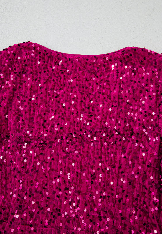 Fashion Plus 100% Polyester Sequin Embellished Long Sleeve Ruched Mini Dress (Rose)