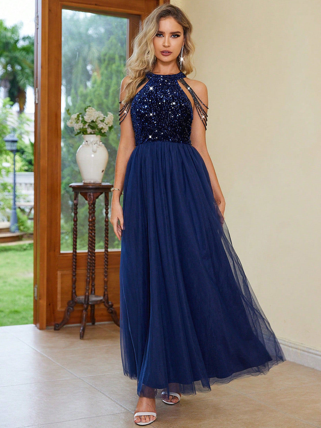 Our Best Polyester/Elastane Sequin Halter Neck Backless Formal Wear Maxi Dress (Dark Blue)