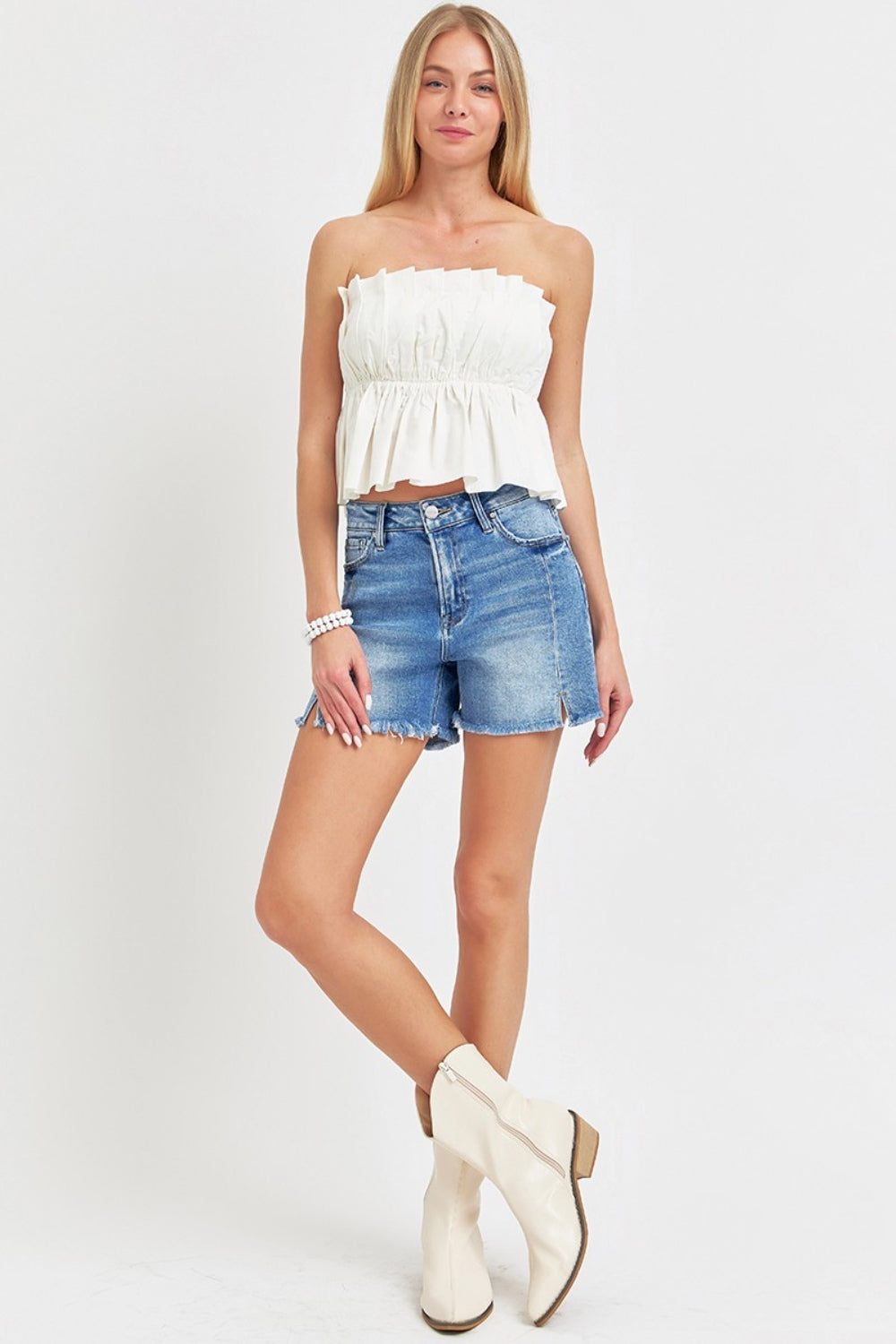 RISEN High Rise Cotton Blend Slit Hem Pocket Detail Denim Shorts (Medium Denim)