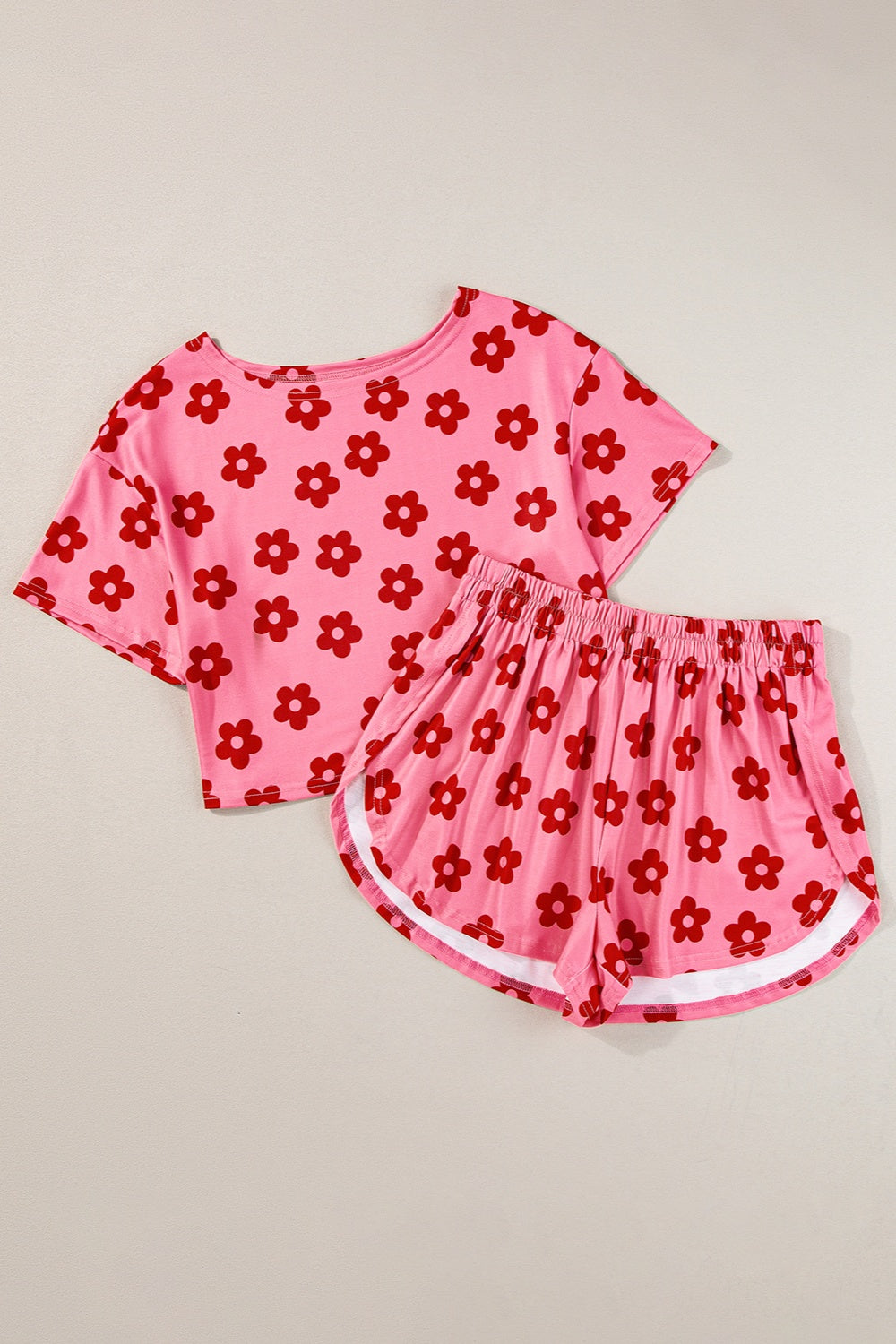 Fun-n-Flirty Polyester Blend Flower Round Neck Top and Shorts Two Piece Lounge Set (Hot Pink)