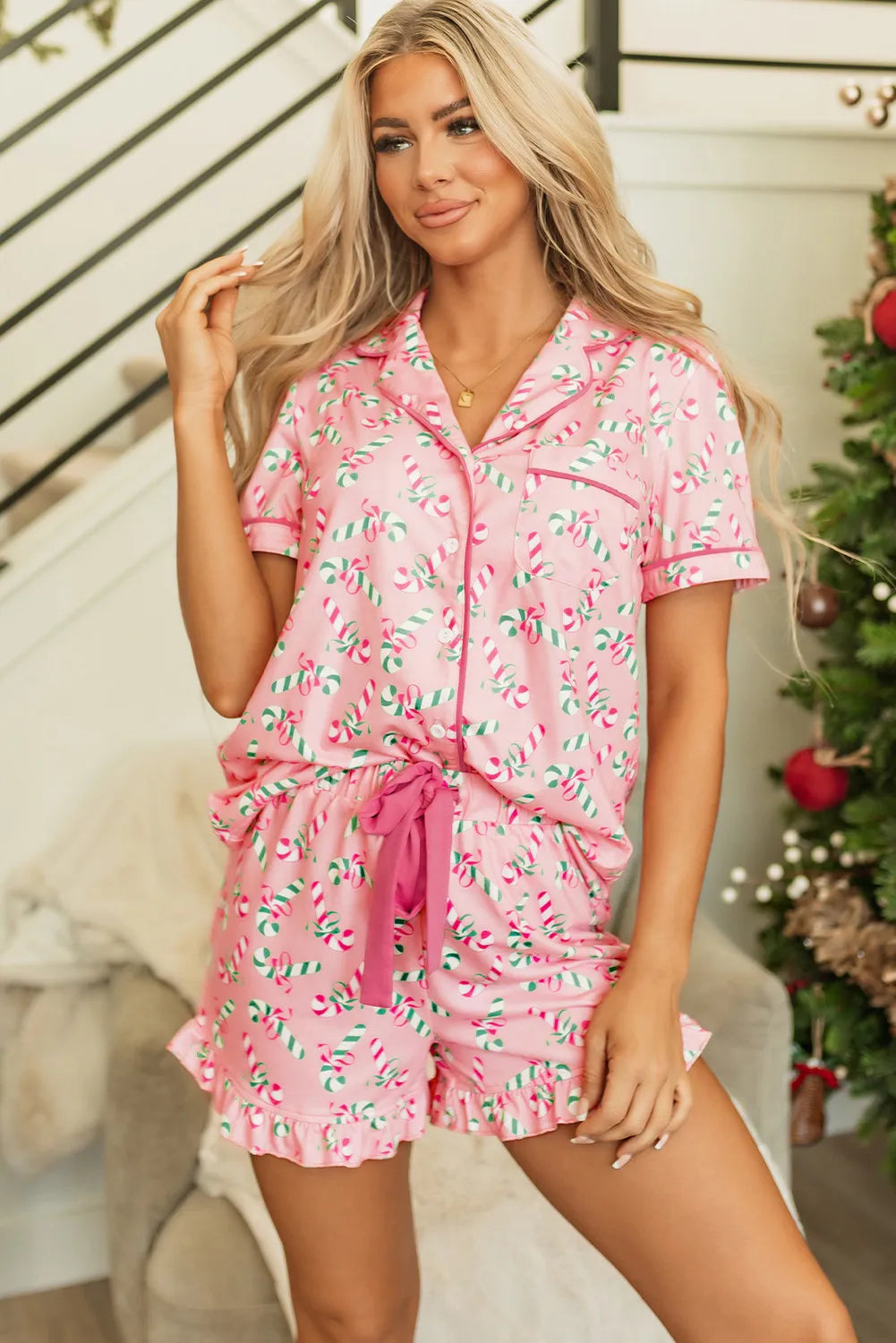 Simona Slumbertime Polyester Short Sleeve Ruffle Shorts Pocket and Piping Detail Loungewear Set (Multicolor)