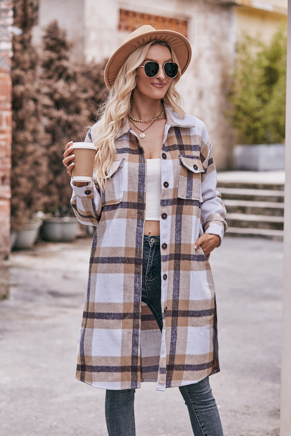 The Mandy 100% Polyester Fashion Plus Plaid Button Down Dropped Shoulder Longline Jacket (Multcolors)