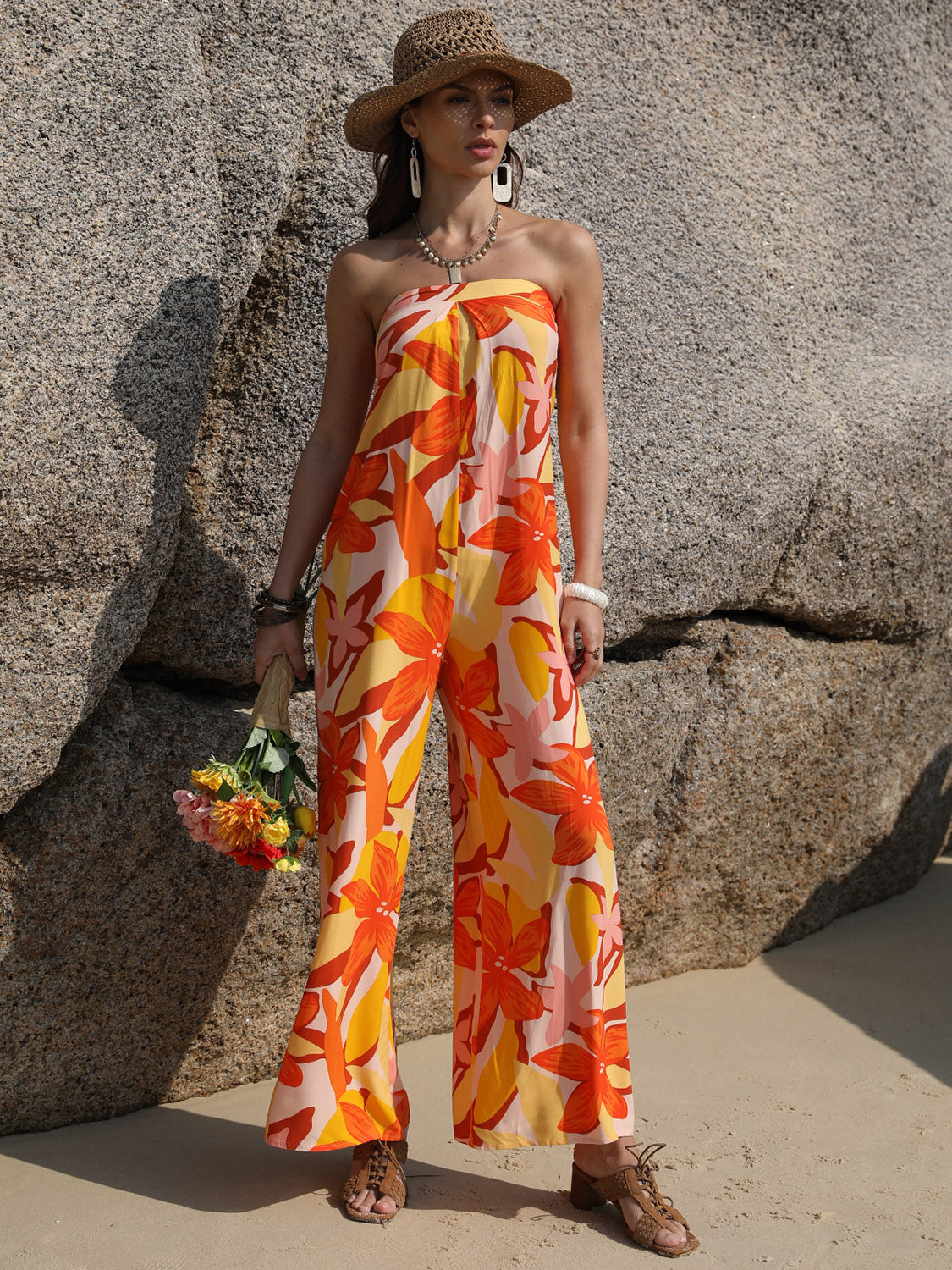 Our Best 100% Viscose V-Neck Sleeveless Off Shoulder Ties In The Back Tube Style Wide Leg Floral Print Jumpsuit (Tangerine)