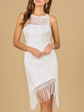 Illusion Neck, Fringe Bridal Short Dress