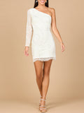 One Sleeve Beaded Cocktail Dress with Fringe