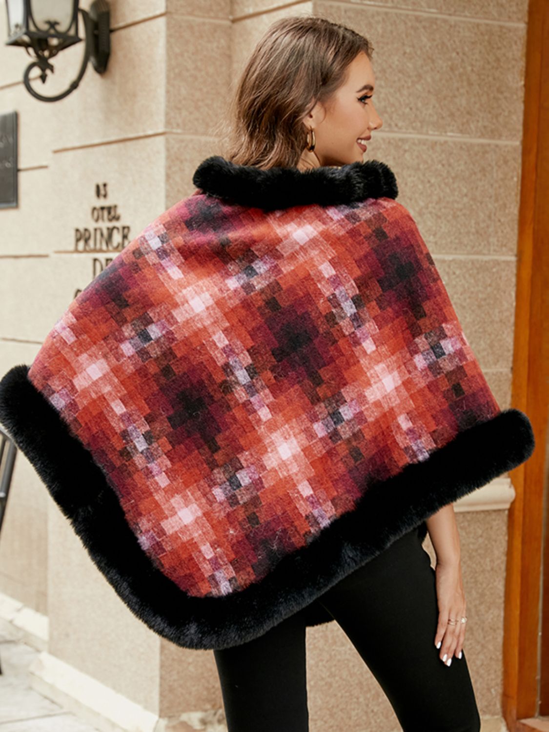 Monah Paloma 100% Polyester Pretty-n-Plush Faux Fur Collar and Trim Plaid Poncho (Multicolor)