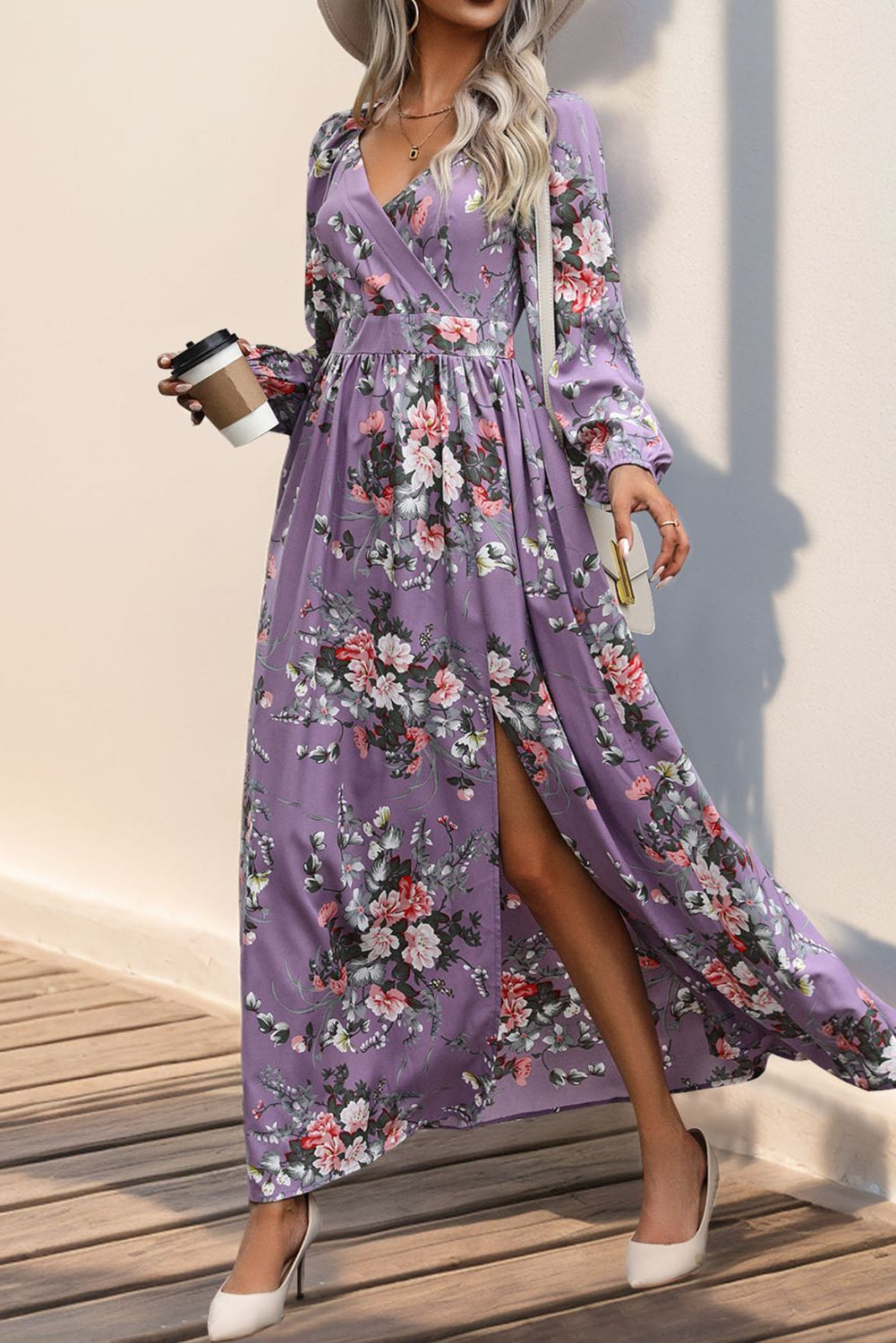 Our Best 100% Polyester Exotic Floral Print Perfee Slit Surplice Long Sleeve Maxi Dress (Variants)