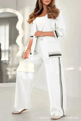 Women Suit Jacket 2 Piece Sets Striped Blazer Coat Turn Down Collar Single Breasted Wide Leg Pants Ensemble Office Lady Outfits