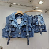 Retro Pink Large Pocket Denim Suit Spring Summer Sleeveless Short Vest High Waist Hip Wrapped Skirt 2 Pieces Sets Women Outfits - treasures-4-u-2-day