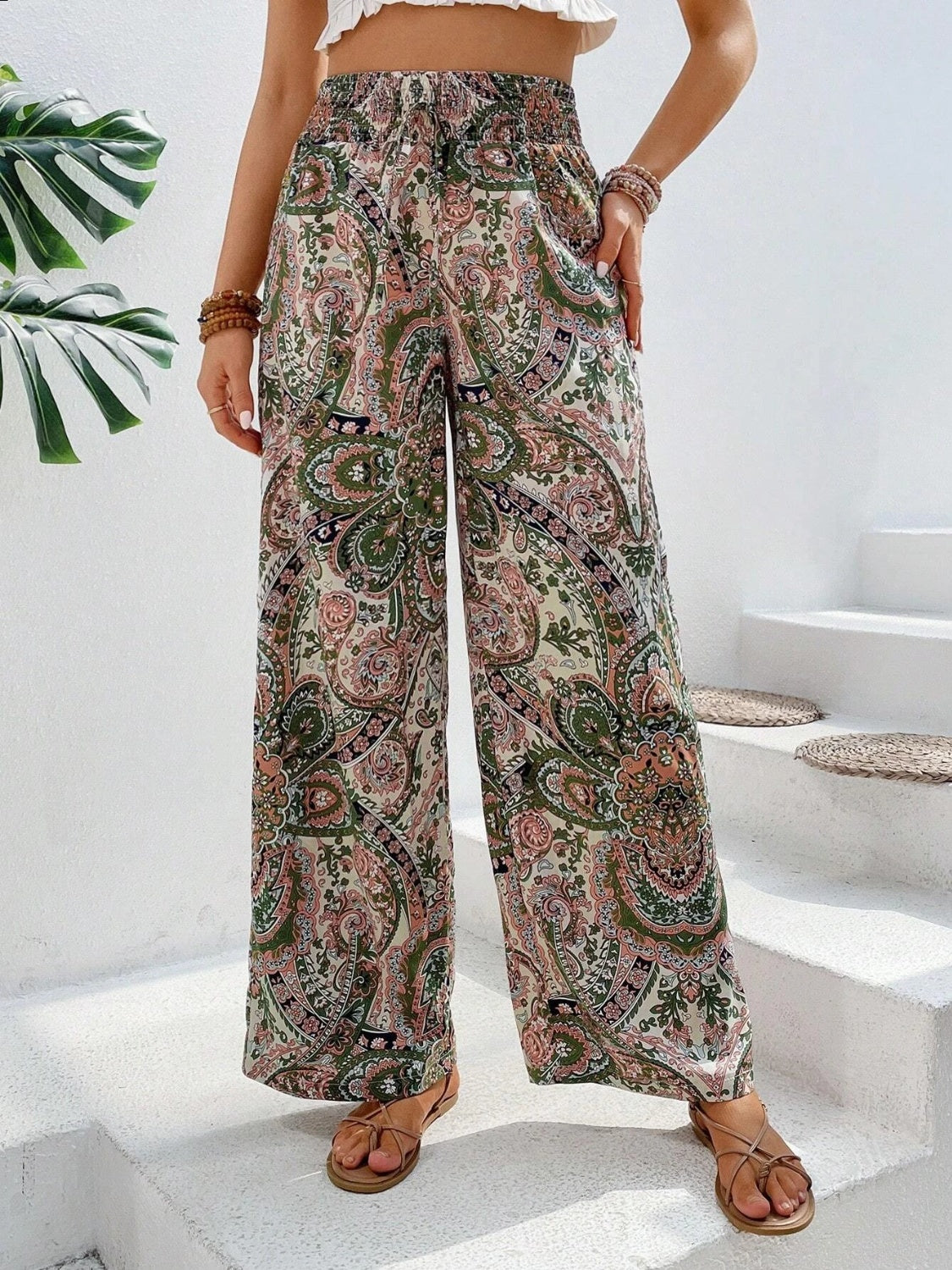 Our Best 100% Polyester Paisley Print Drawstring Waist Wide Leg Palazzo Pants (Multicolor)