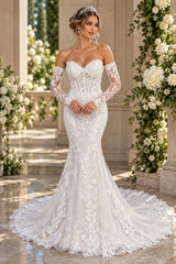 Deklaire Bridal 522 Beaded Lace Mermaid Wedding Dress with Sweetheart Neckline & Detachable Sleeves