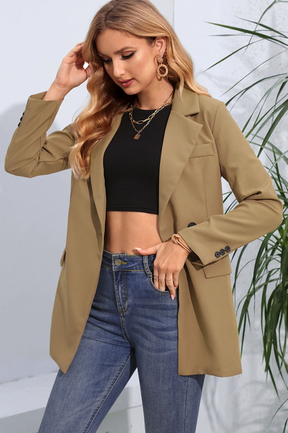 Our Best 100% Polyester Button Detail Lapel Neck Long Sleeve Fashion Plus Pocket Detail Blazer (Tan/Black)