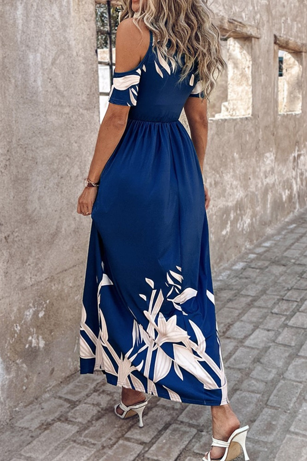 Our Best 100% Polyester Exotic Floral Print Cold Shoulder Short Sleeve Maxi Dress (Navy)