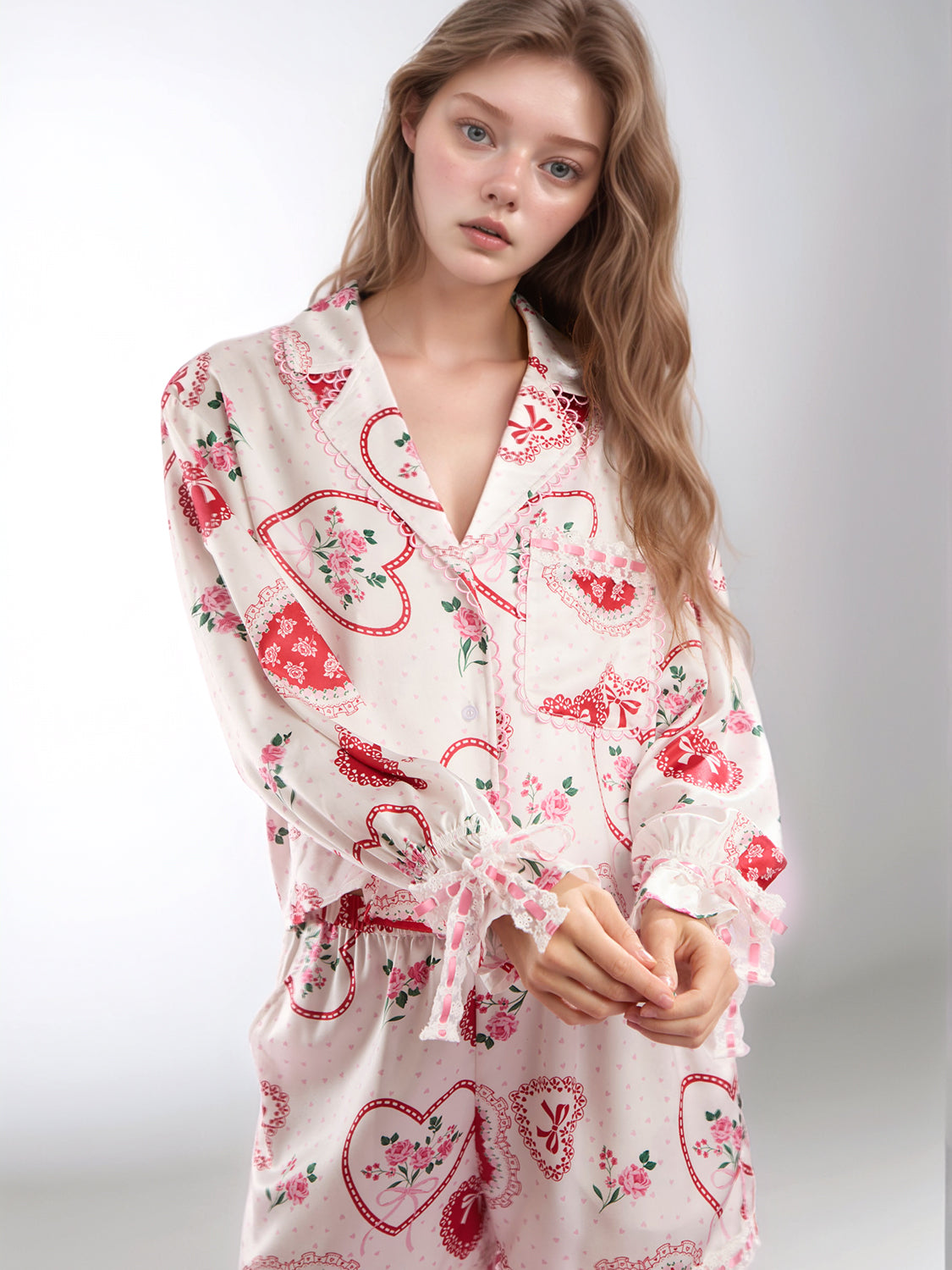 Valentine’s Day Lace Detail Heart Print Collared Neck Top and Shorts Lounge Set