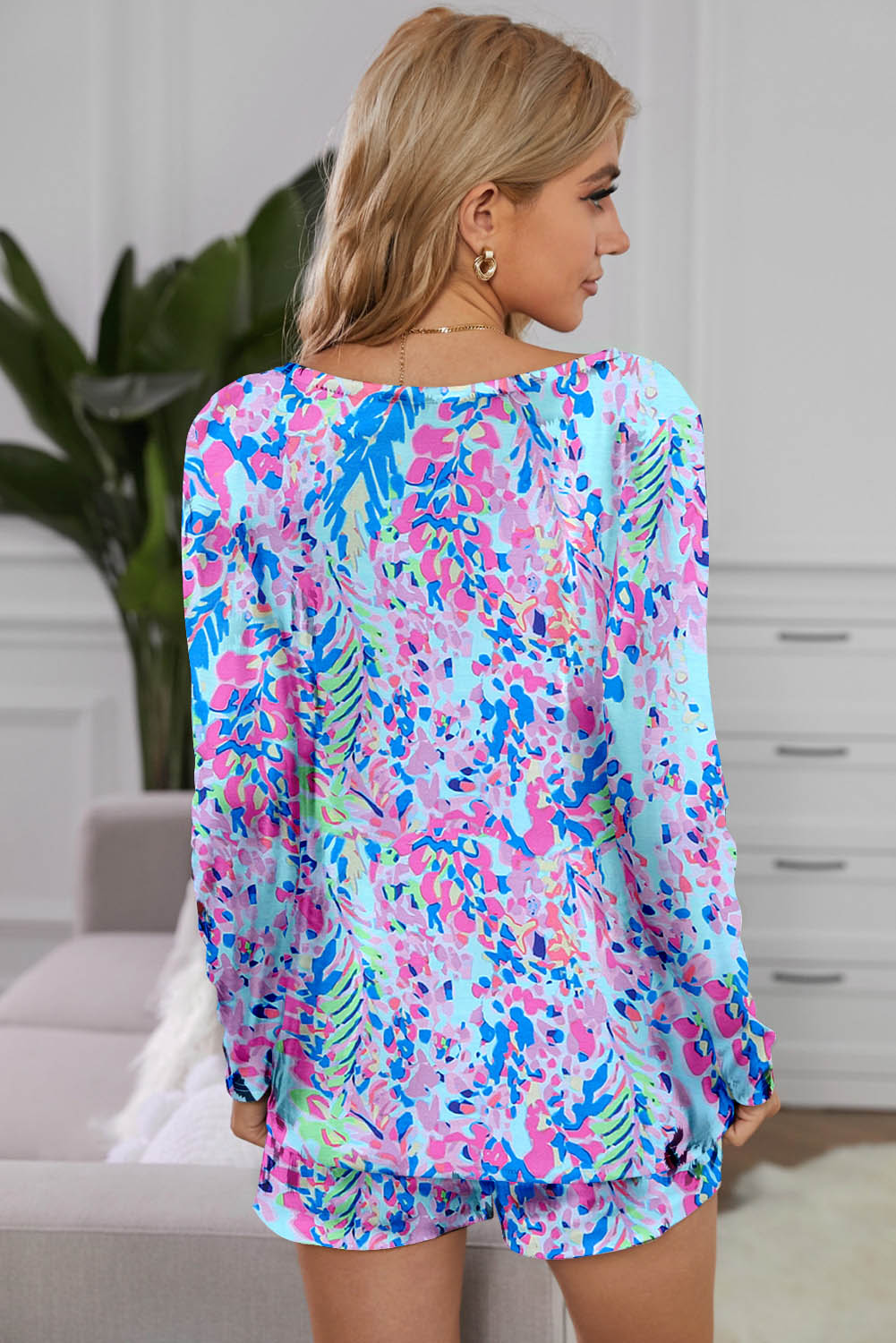 Fiona Floral Polyester Blend Long Sleeve Round Neck Top and Shorts Two Piece Lounge Set (Multicolor)