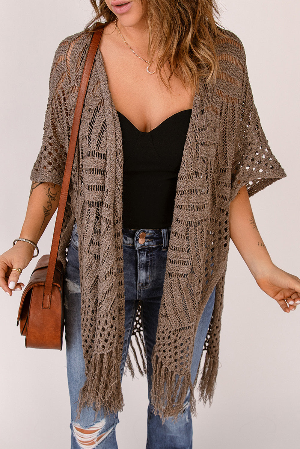 The Francine Fashion Plus Acrylic Blend Fringe Hem Slit Open Front Cardigan (Multicolor)