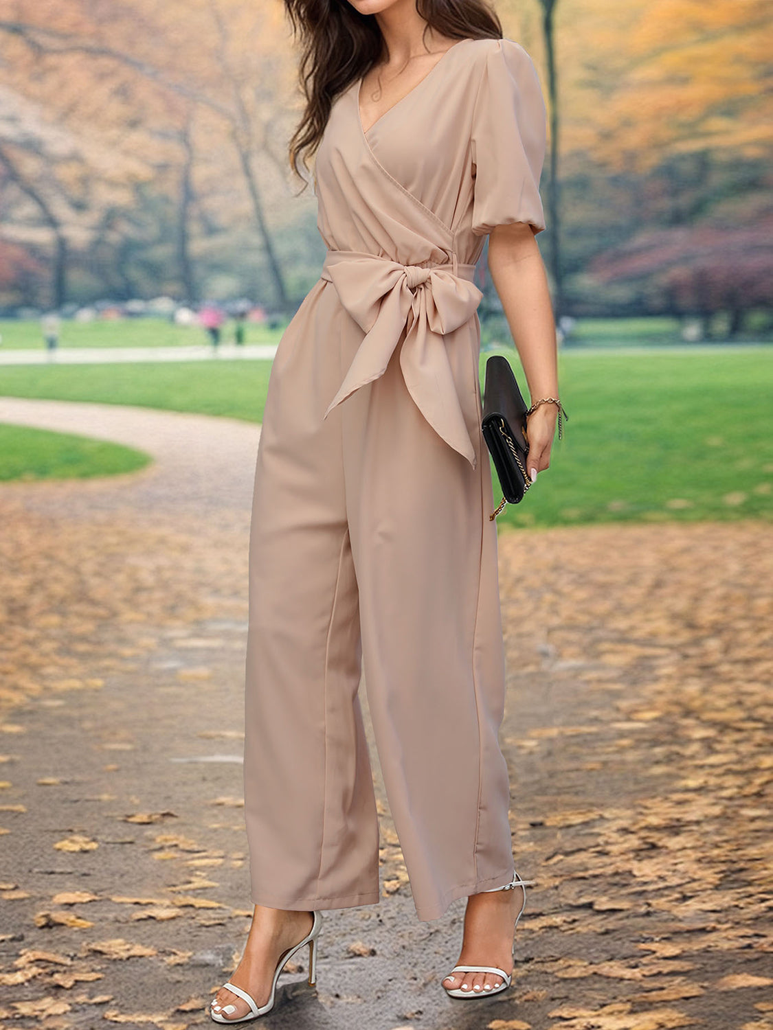 Perfee Our Best 100% Polyester Fashion Plus Pocket Detail Short Sleeve Palazzo Pant Leg Jumpsuit (Tan)