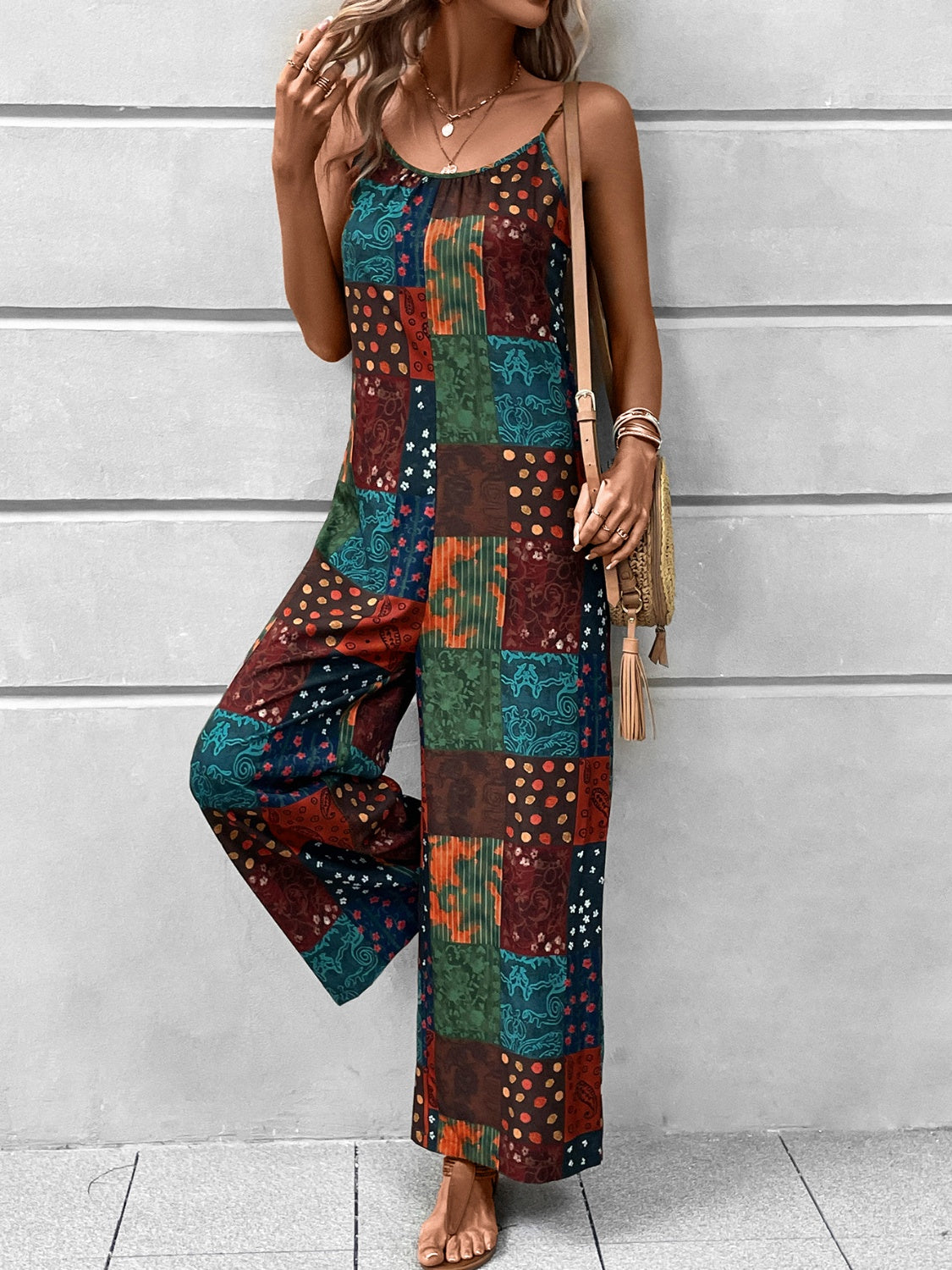 Our Best Polyester/Spandex Fashion Plus Floral Fantasy Scoop Neck Jumpsuit (Multicolor)