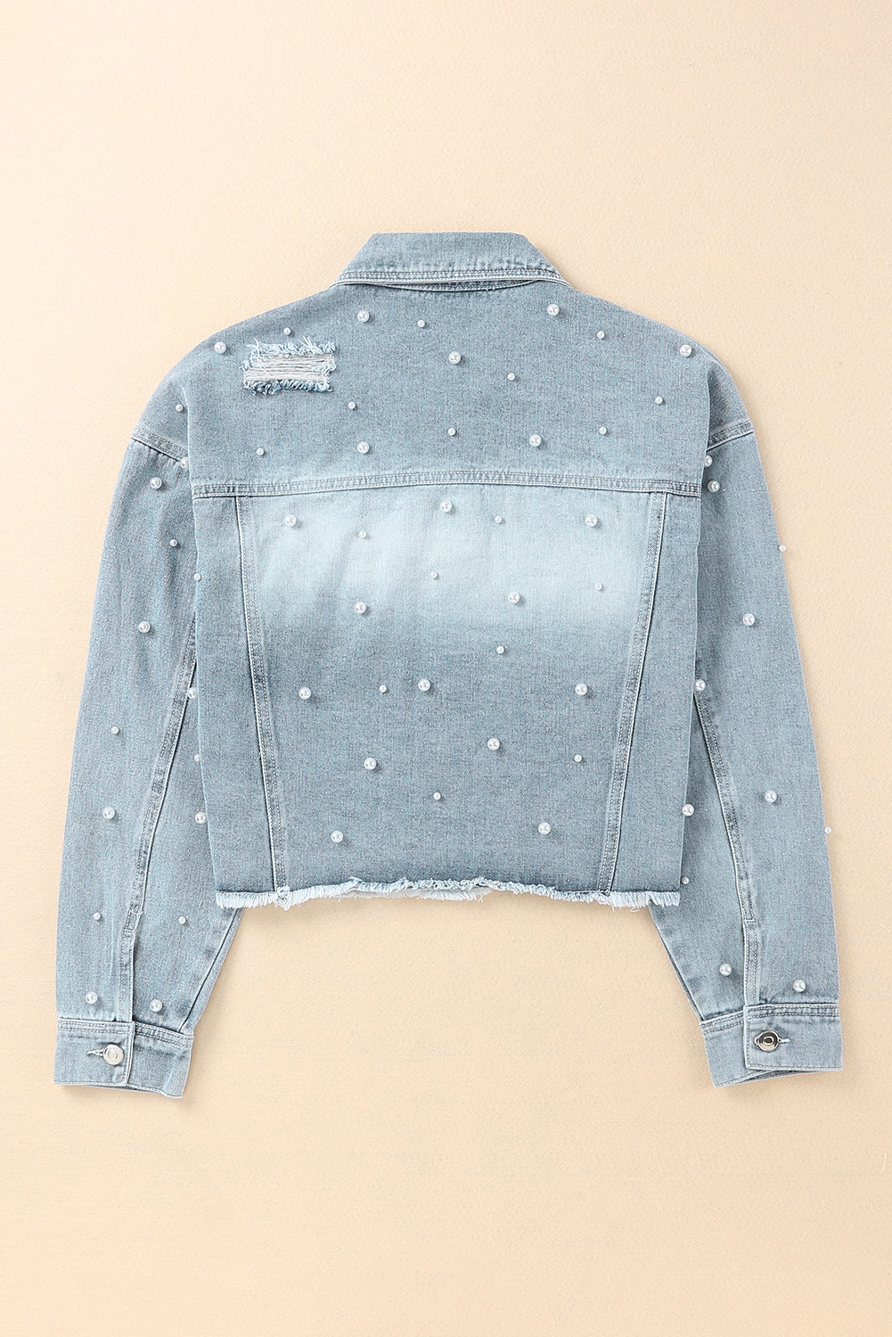 Our Best Polyester Blend Fashion Plus Distressed Pearl Trim Button Up Crop Denim Jacket (Light Denim)