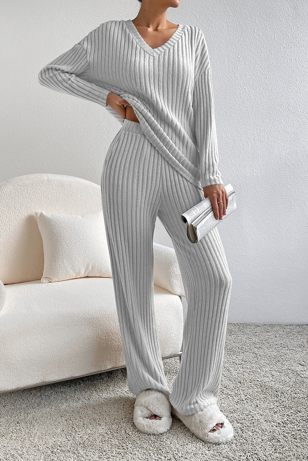 Our Best Polyester Blend Ribbed Top and Jogger Pants Two Piece Lounge Set (Multicolor)