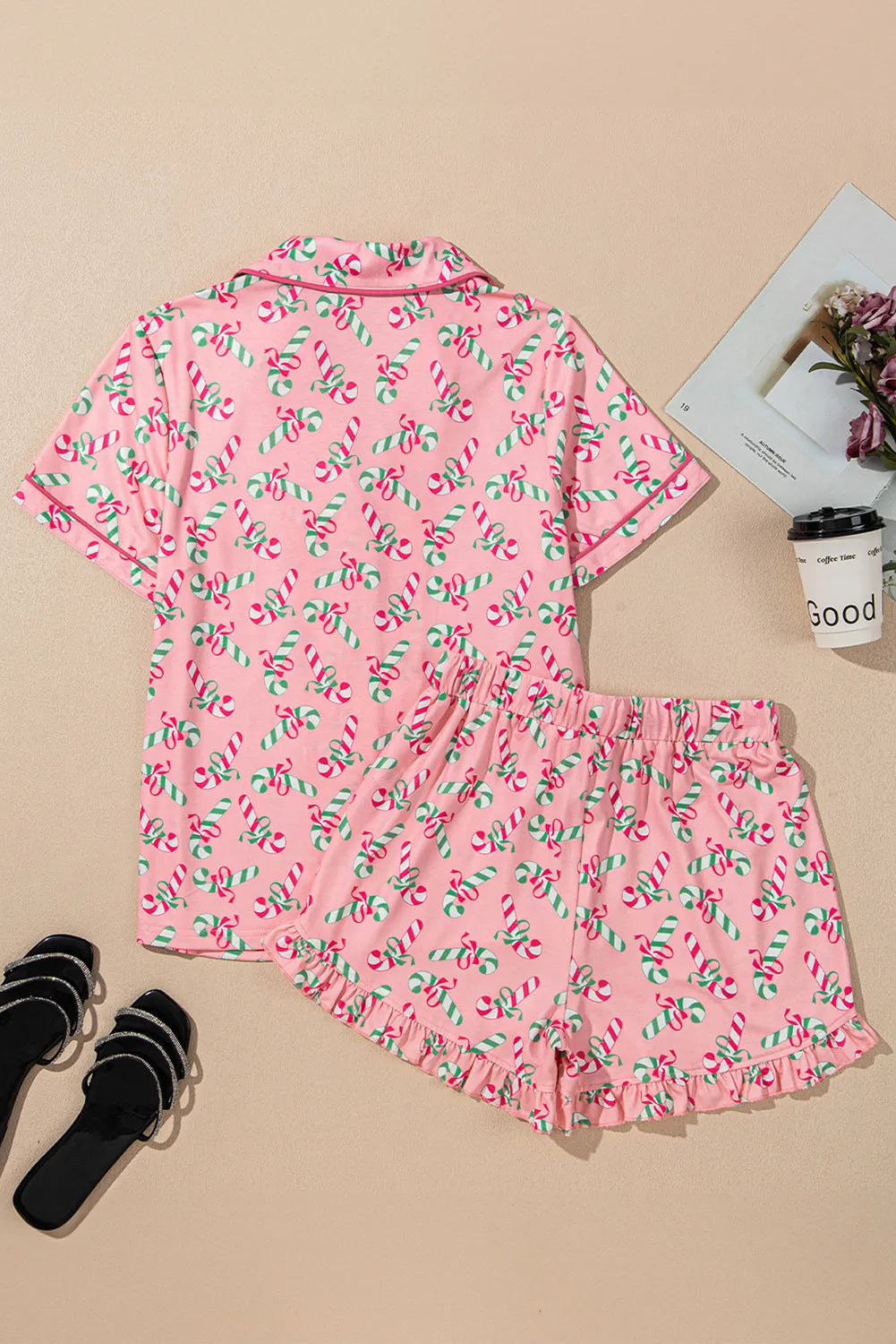 Simona Slumbertime Polyester Short Sleeve Ruffle Shorts Pocket and Piping Detail Loungewear Set (Multicolor)