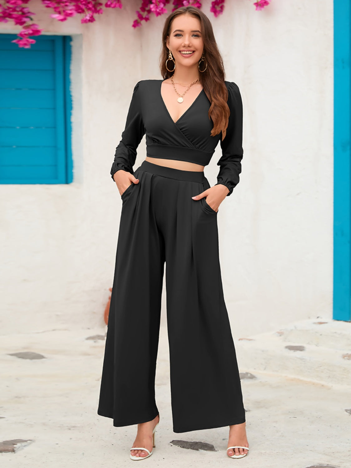 Our Best Polyester Blend Long Sleeve Surplice Top Wide Palazzo Pant Two Piece Set (Multicolor)