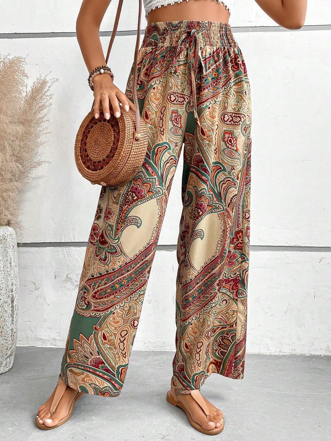 Our Best 100% Polyester Paisley Print Drawstring Waist Wide Leg Palazzo Pants (Multicolor)