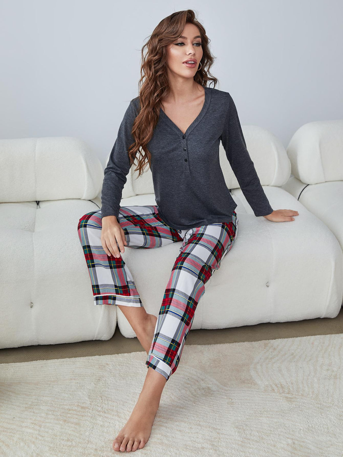 Come Plaid With Me Buttoned Long Sleeve V-Neck Top and Plaid Pants Two Piece Lounge Set (Gray)