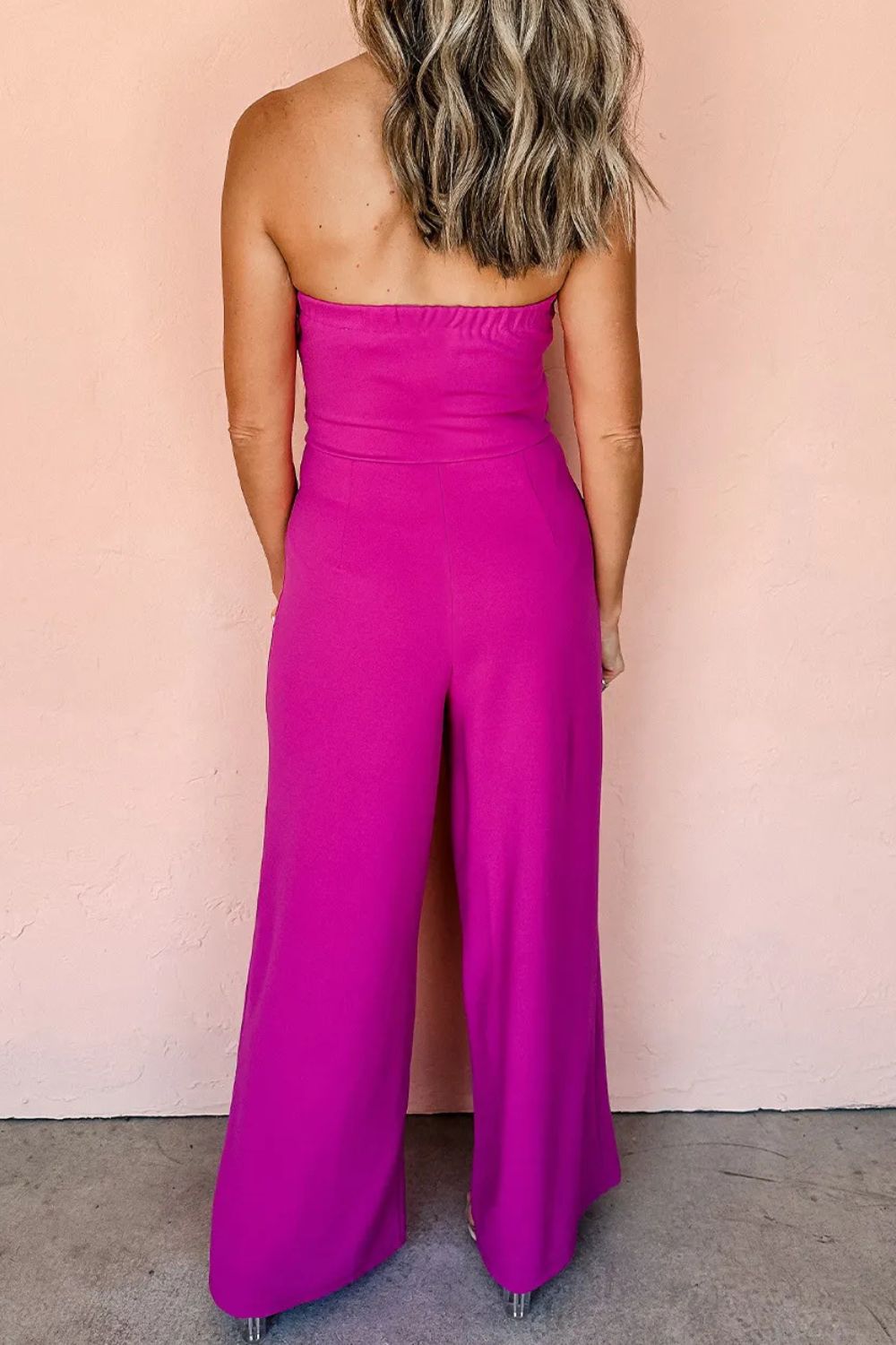 Our Best Polyester Blend V-Neck Sleeveless Off Shoulder Tie Detail Bodice Tube Wide Leg Jumpsuit (Cerise)