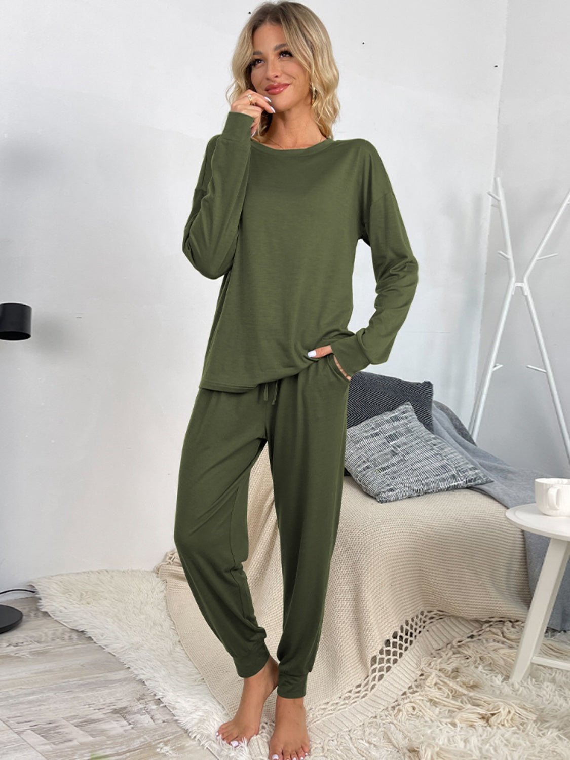 Our Best Polyester Blend Long Sleeve Top and Drawstring Waist Joggers Two Piece Lounge Set (Multicolor)