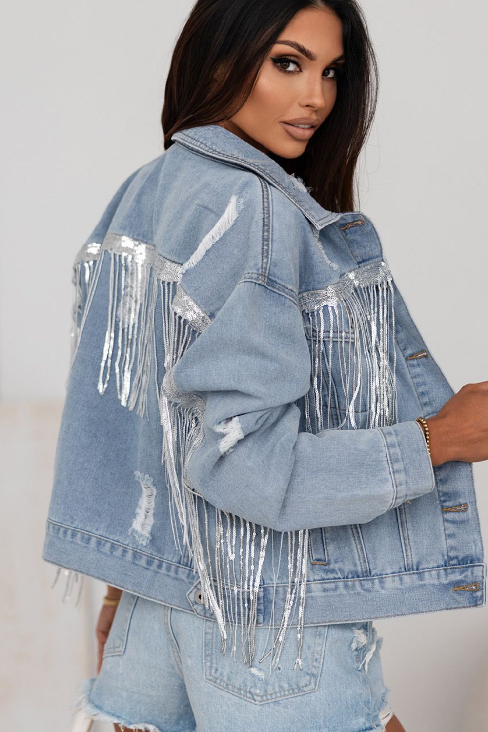 Damsel In Distressed Cotton Blend Sequin Fringe Trim Distressed Button-Up Denim Jacket (Medium Denim)